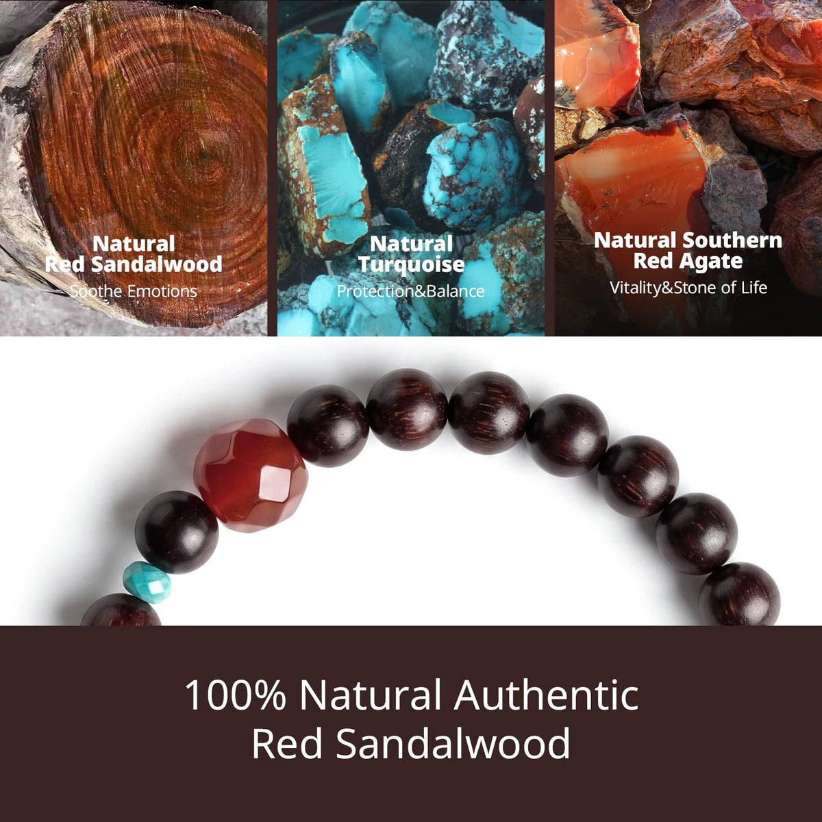 Authentic Red Sandalwood Bracelet with Natural South Red Agate & Turquoise (Natural Red Agate & Turquoise)