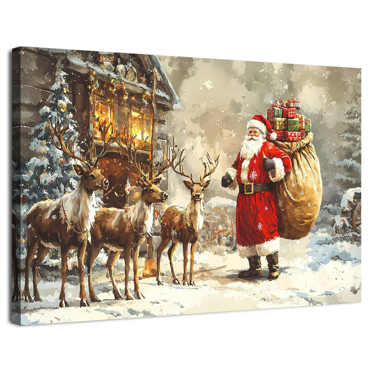 Vintage Christmas Wall Art Rustic Farmhouse Santa Claus Wall Decor Winter Deer Canvas Pictures Christmas Tree Santa and Reindeer Painting Artwork for Living Room Bathroom Home Decorations 24x36" (36"L x 24"W / Santa Claus)