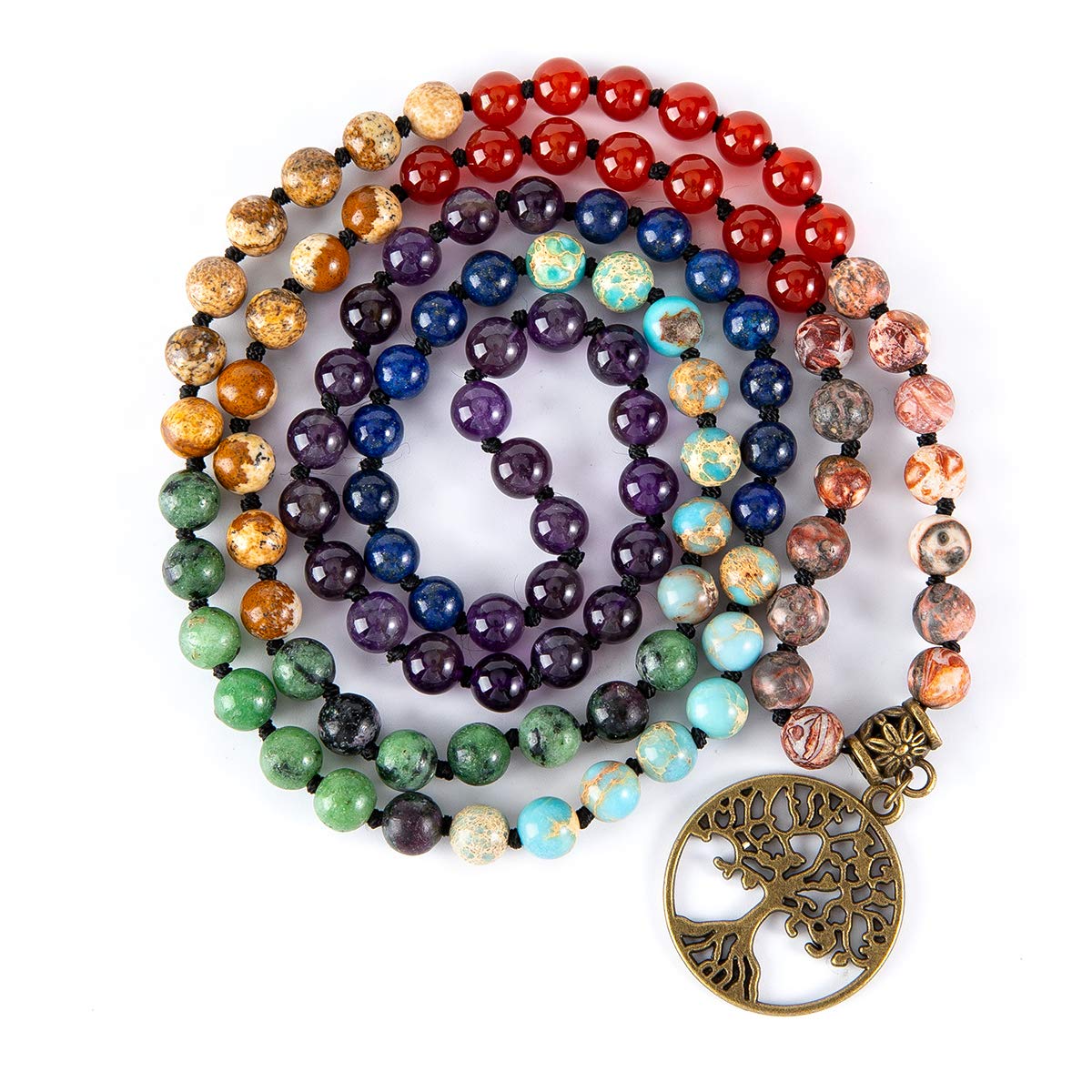 7 Chakra 108 Mala Beads Bracelet Real Gemstone Yoga Meditation Hand Knotted Mala Prayer Bead Necklace (6mm / beaded, traditional, 7-chakra, tree of life)