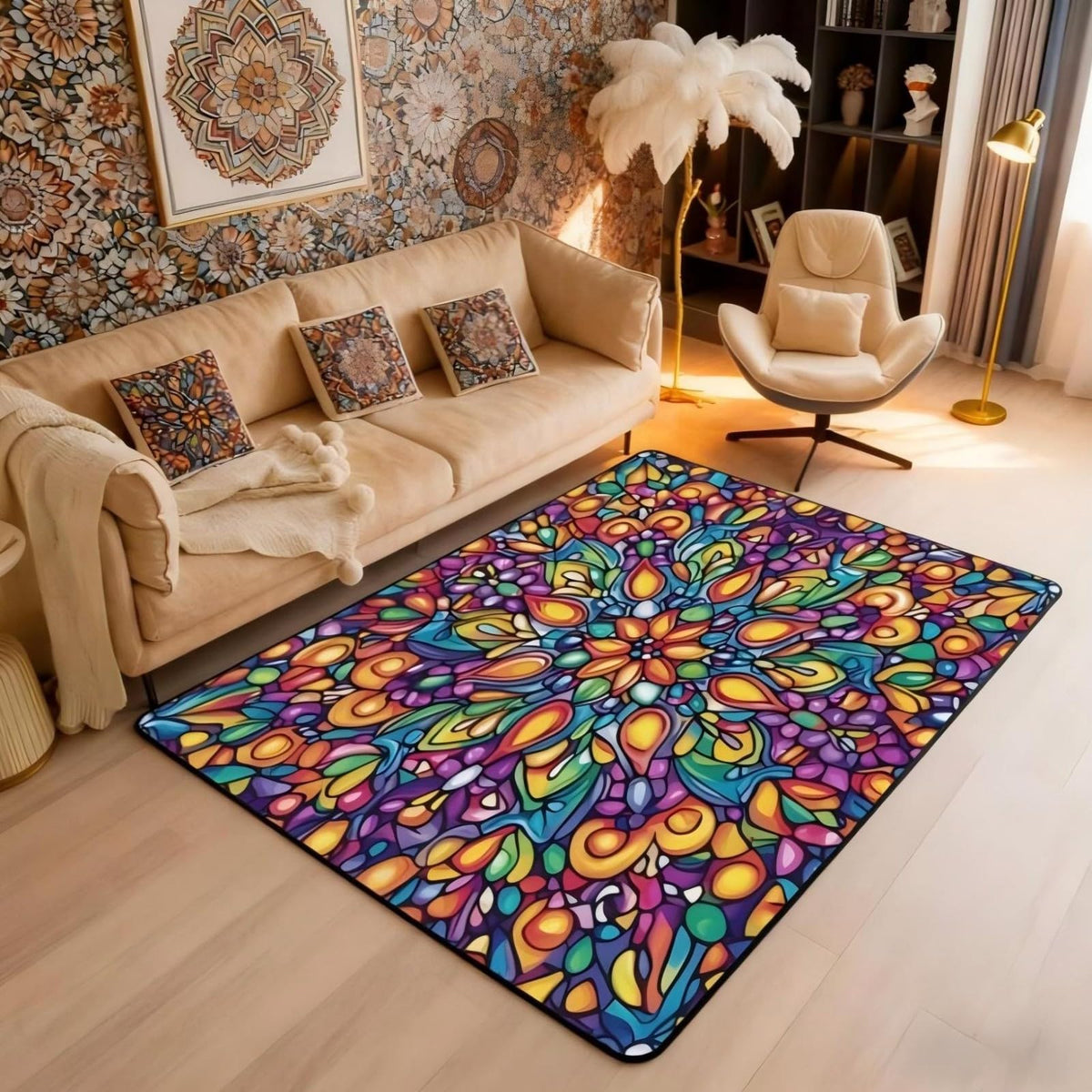 Vintage Mandala Area Rug 3x5 Bohemian Style Watercolor Flowers Rugs for Living Room (Orange Purple Green / 3'3" x 4'11" (Rectangular))