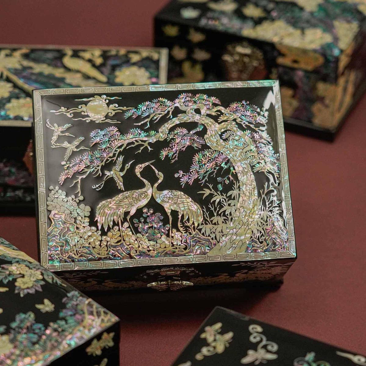 Mother-of-Pearl Crane Jewelry Box | Wooden Make | Two-Layer Velvet Interior | Mirror Lid | Lacquer Finish | Handmade Korean Art | Valentine’s & Mother’s Day Gift (Crane)