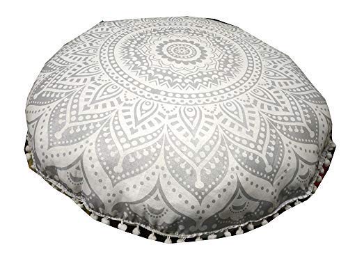 32" in Round Mandala Floor Pillow Cushion Cover Seating Throw Cover Hippie Decorative Bohemian Ottoman Poufs Pillow Cover Cases Boho Cotton Living Yoga Home Décor Room (White Silver Ombre)