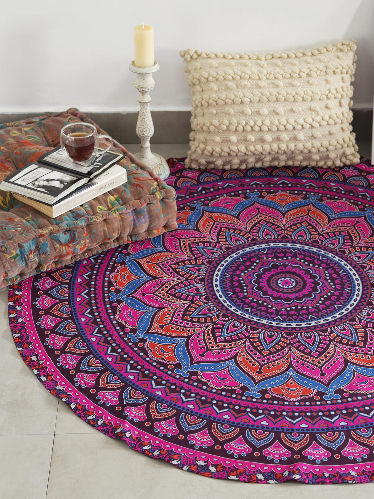 Round tapestry Indian Ombre Mandala Roundie Beach Throw Tapestry wall hanging Hippy Boho Gypsy Cotton Tablecloth Yoga Sheet 50" Purple (Barmeri Purple / 50"L x 50"W)