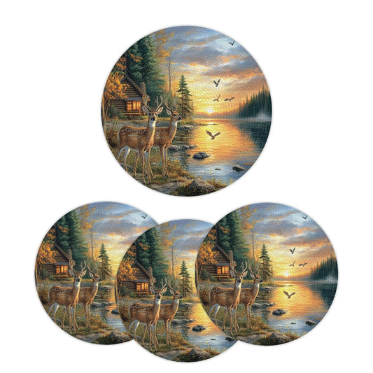 Autumn Deer Woven Placemats Round Placemats Set of 4 Festival Party (A 019 / 4 pieces)