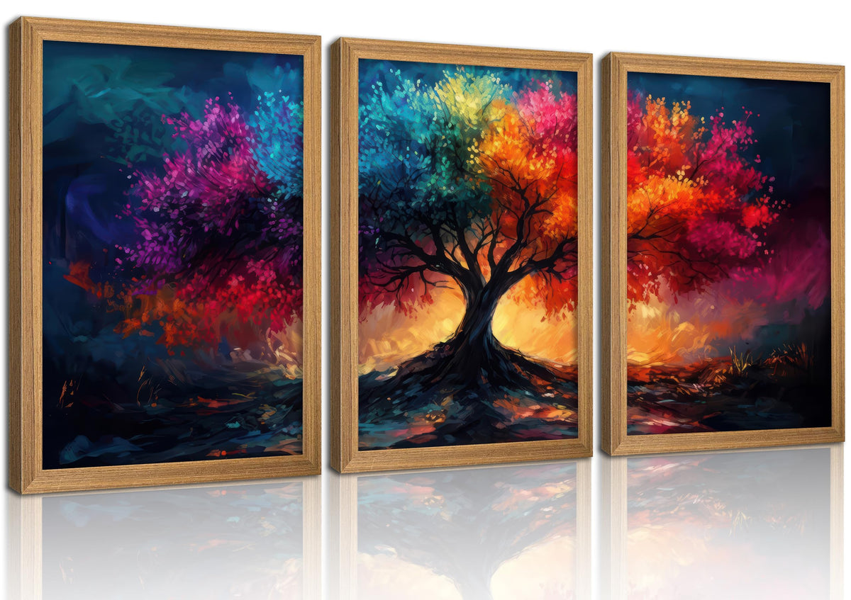 3Pcs Framed Colorful Tree of Life Canvas Wall Art (Multicolor / 16"L x 12"W)