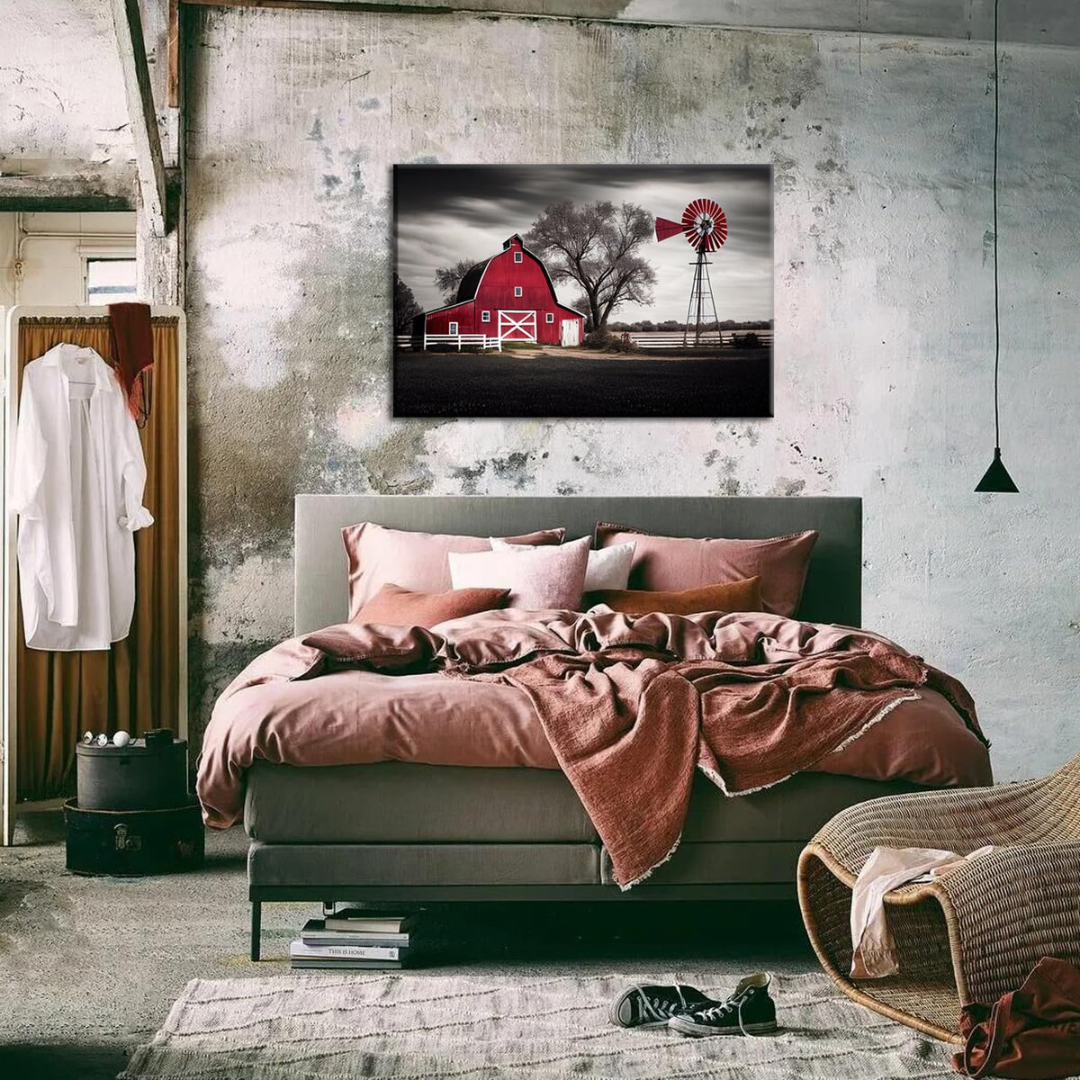 Country Wall Art Large Farmhouse Old Red Barn Canvas Picture Wood Artwork for Home Rustic Farm Scene Windmill Painting Bedroom Living Room Black and White Nature Country Landscape Wall Decor 24x36" (36"L x 24"W / Red Bran)