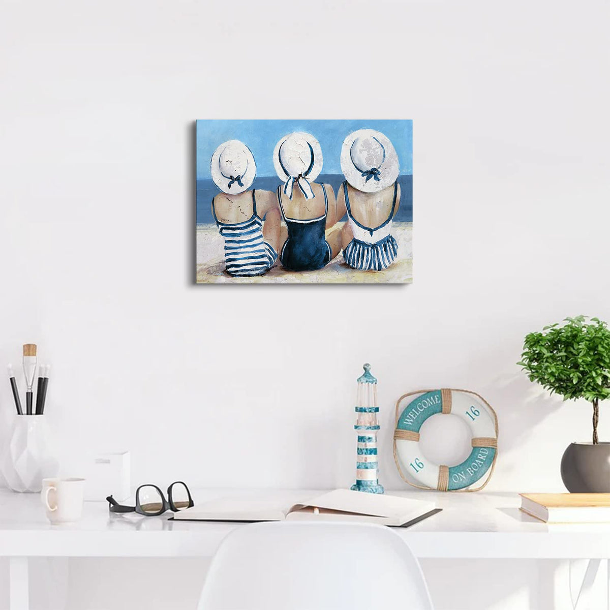 Coastal Beach Wall Art Bathroom Wall Decor Nautical Themed Swimsuit Girl Painting Teen Girls Bedroom Decor Retro Vintage Blue Ocean Poster Beauty Picture Beachy Room Artwork Home Decorations 12x16” (16"L x 12"W / Beach Girls)
