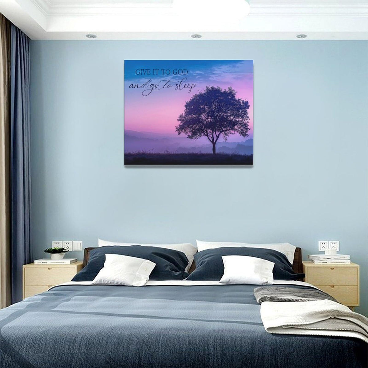 Bedroom Wall Art Give it to God and Go to Sleep Sign Wall Decor Christian Canvas Prints Painting Purple Tree Bathroom Pictures Framed Artwork Gifts Home Decorations 20"x16" (20"L x 16"W / Purple Tree)