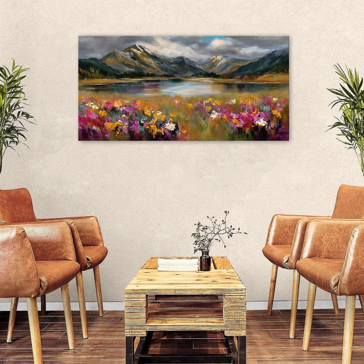 Wildflower Flower Canvas Wall Art for Living Room Nature Mountain Picture Wall Decor Colorful Daisy Poppy Painting Prints Artwork 24x48” (48"L x 24"W / Mountain Floral)