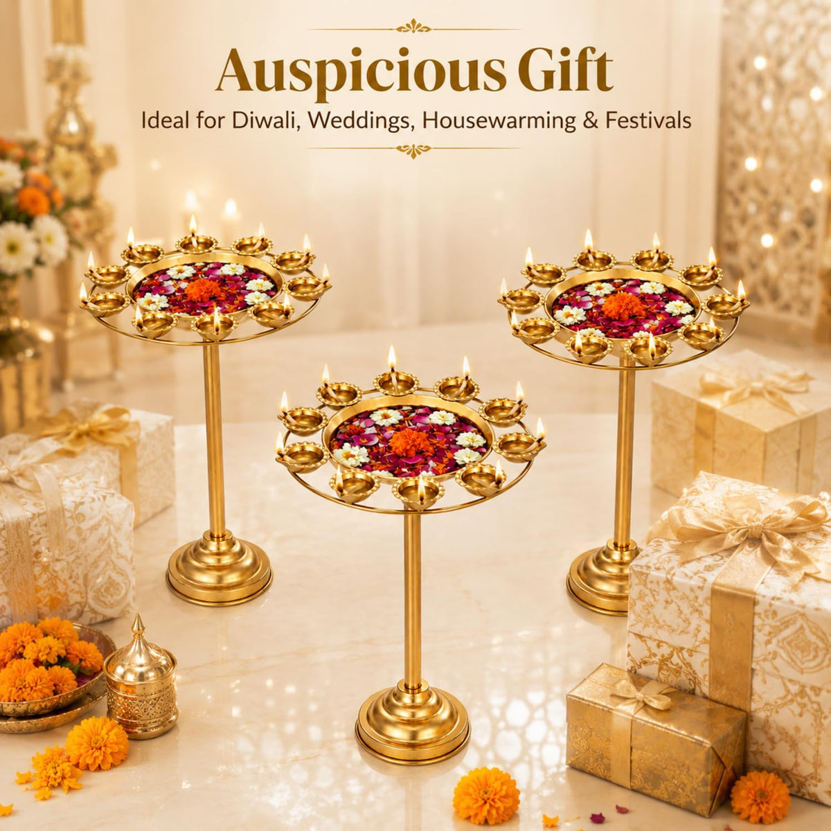 3 Diwali Lotus Urli Bowl Candle Holder for Indian Diwali Pooja (Urli Bowl)