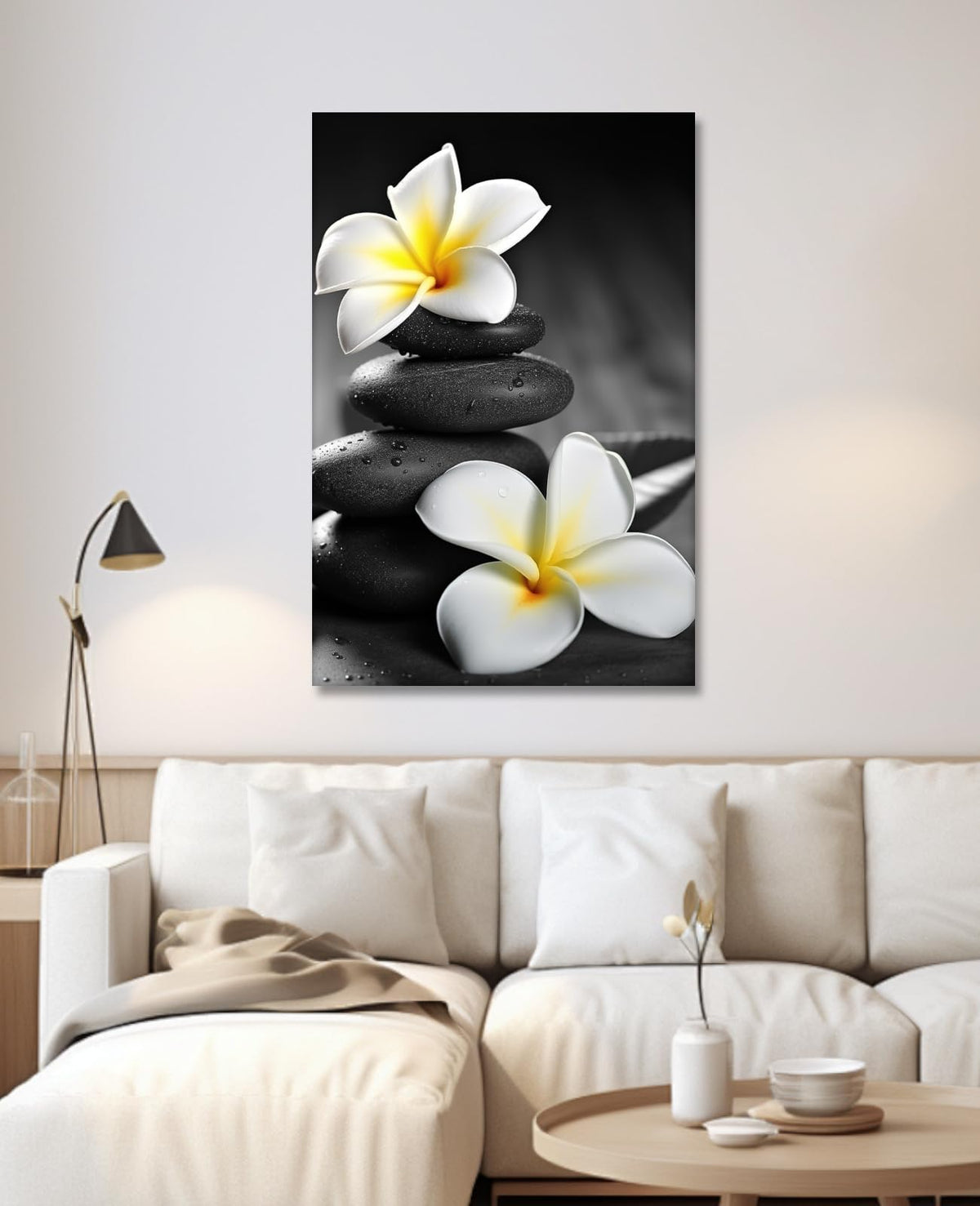 Zen Wall Art Black and White Picture Canvas Print Spa Stone Painting Frangipani Flower Poster Minimalism Artwork for Spiritual Room Bathroom Living Room Office Home Decor (42"L x 28"W / E - Black and White)
