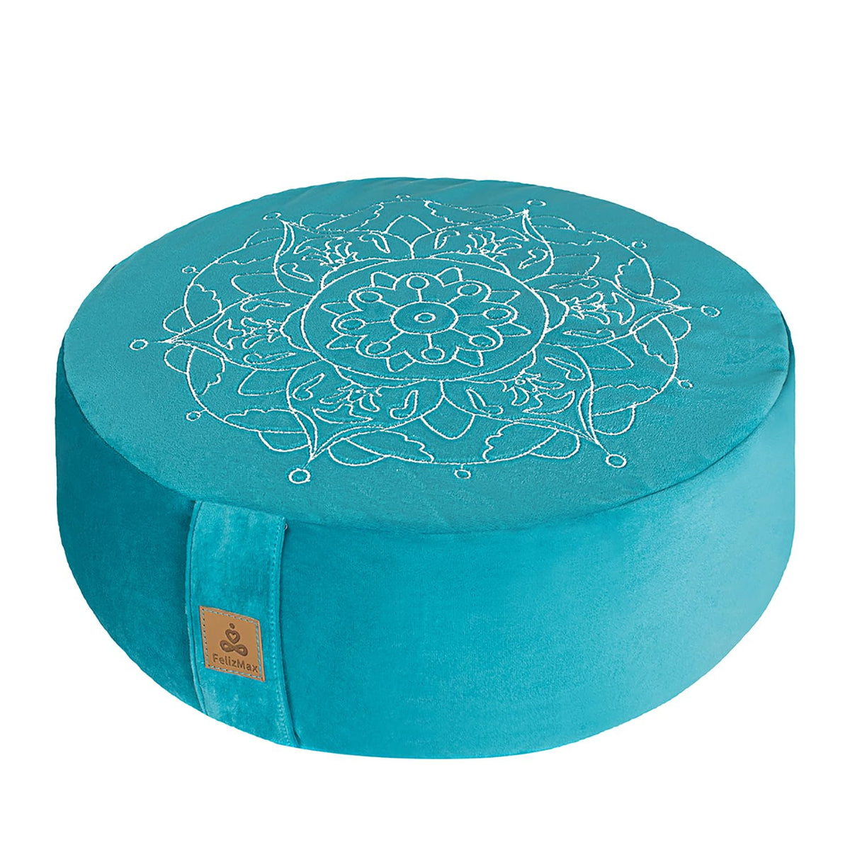 Round Velvet Meditation Pillow Embroidery D=13" (Cyan Blue)