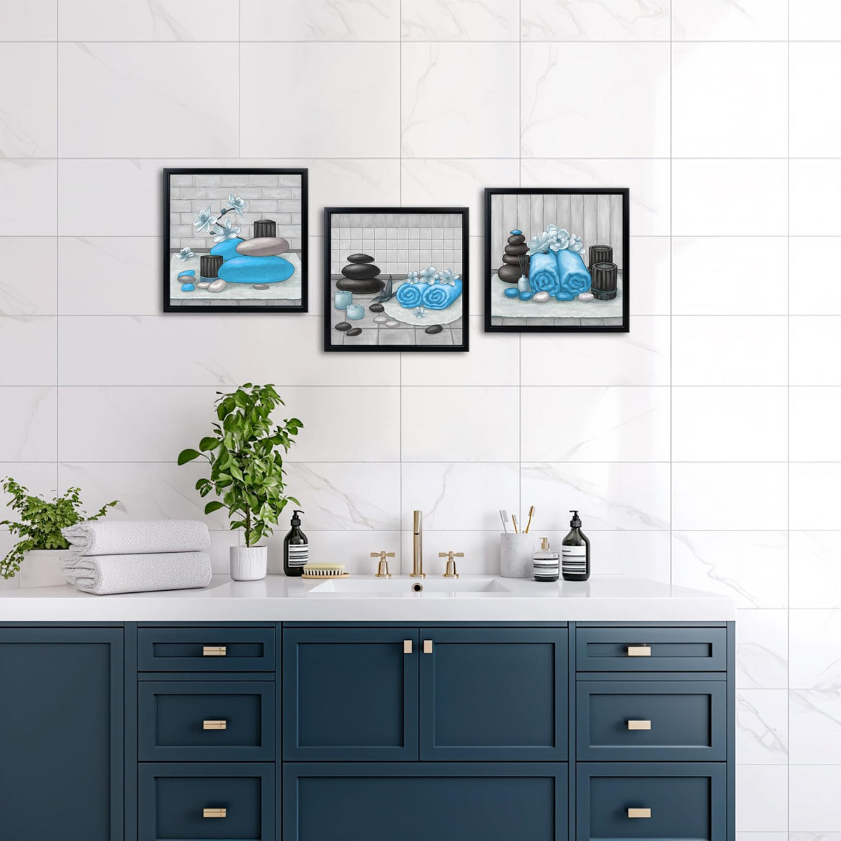 Zen Wall Art Decor Blue Bathroom Pictures Painting with Black Frames 12"x12" for Each (Light Blue)
