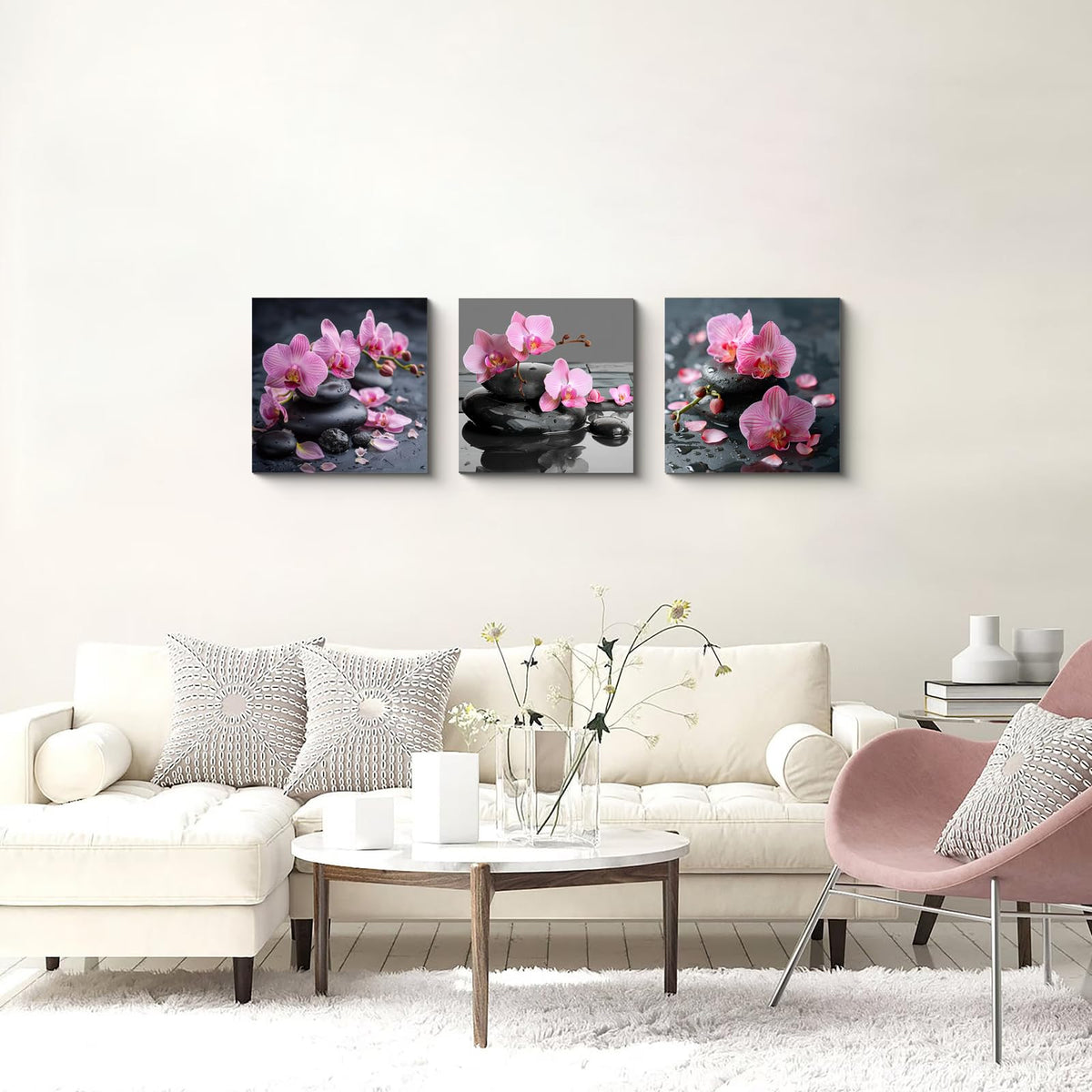 3PCS Zen Spa Canvas Wall Art Pink Orchid Flower and Black Massage Stones Print Modern Botanical Floral Artwork Relaxation Theme Wall Decor for Bathroom Bedroom Home Spa Salon Decor (14X14inchX3pcs / Pink Orchid and Black Massage Stones)