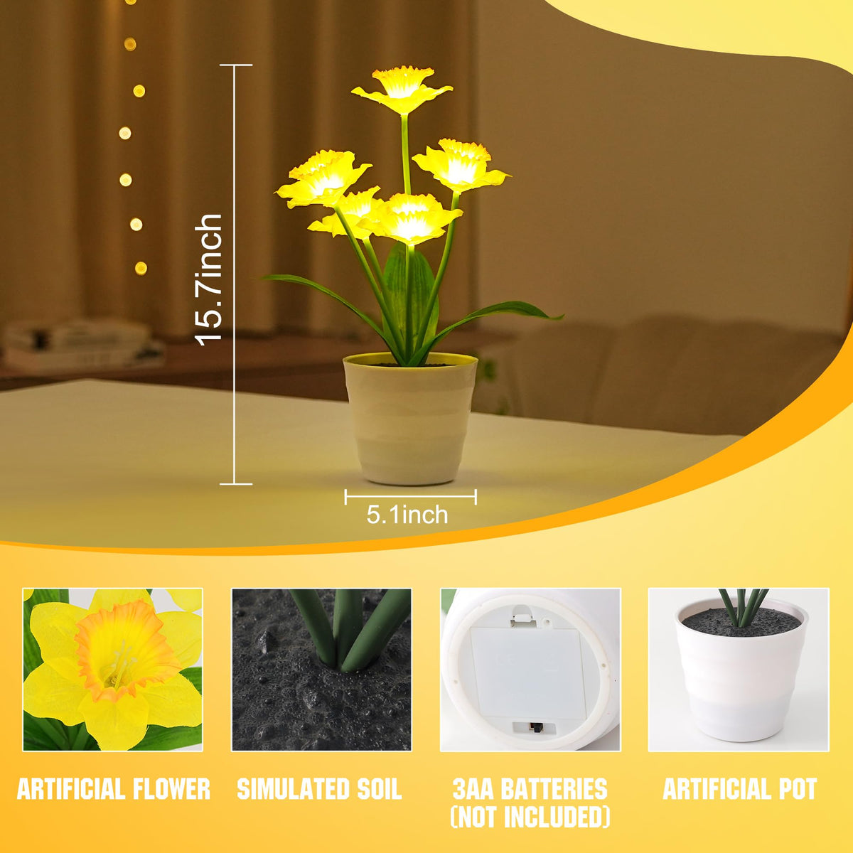 Artificial Daffodil Flower Night Light Gifts for Women Mom Grandma (Daffodil)