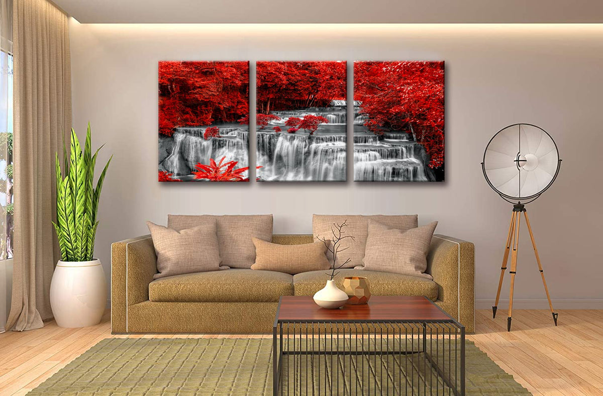 Black White and Red Waterfall Canvas Wall Art Trees Forest Painting Landscape Artwork for Wall Picture Waterfall Prints for Bedroom Living Room Decor Bathroom Wall Art (Black White Red3 / 12"x16"inches x 3 pcs)
