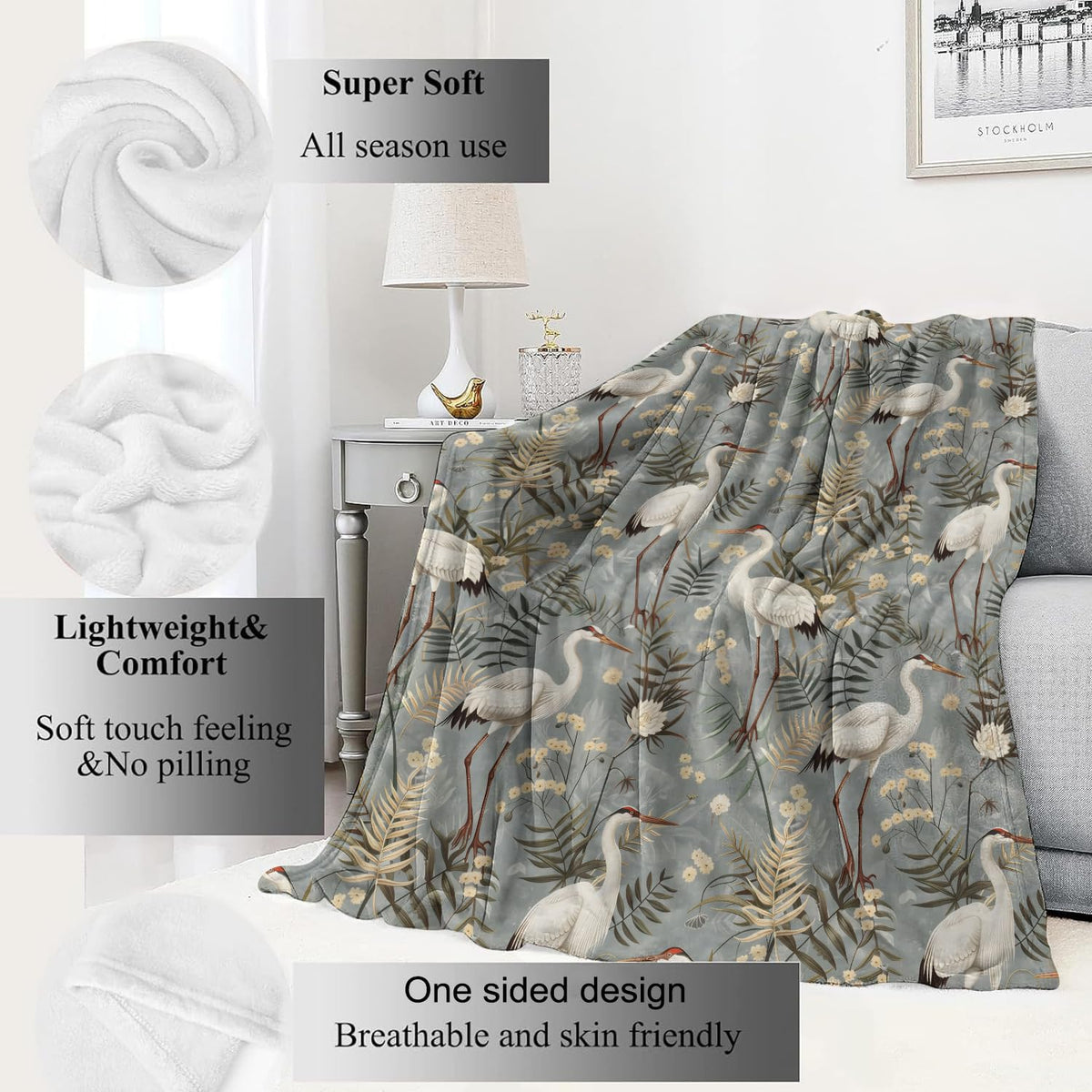 White Crane Blanket Cute Bird and Foliage Throw Blankets (40x50in / Crane)