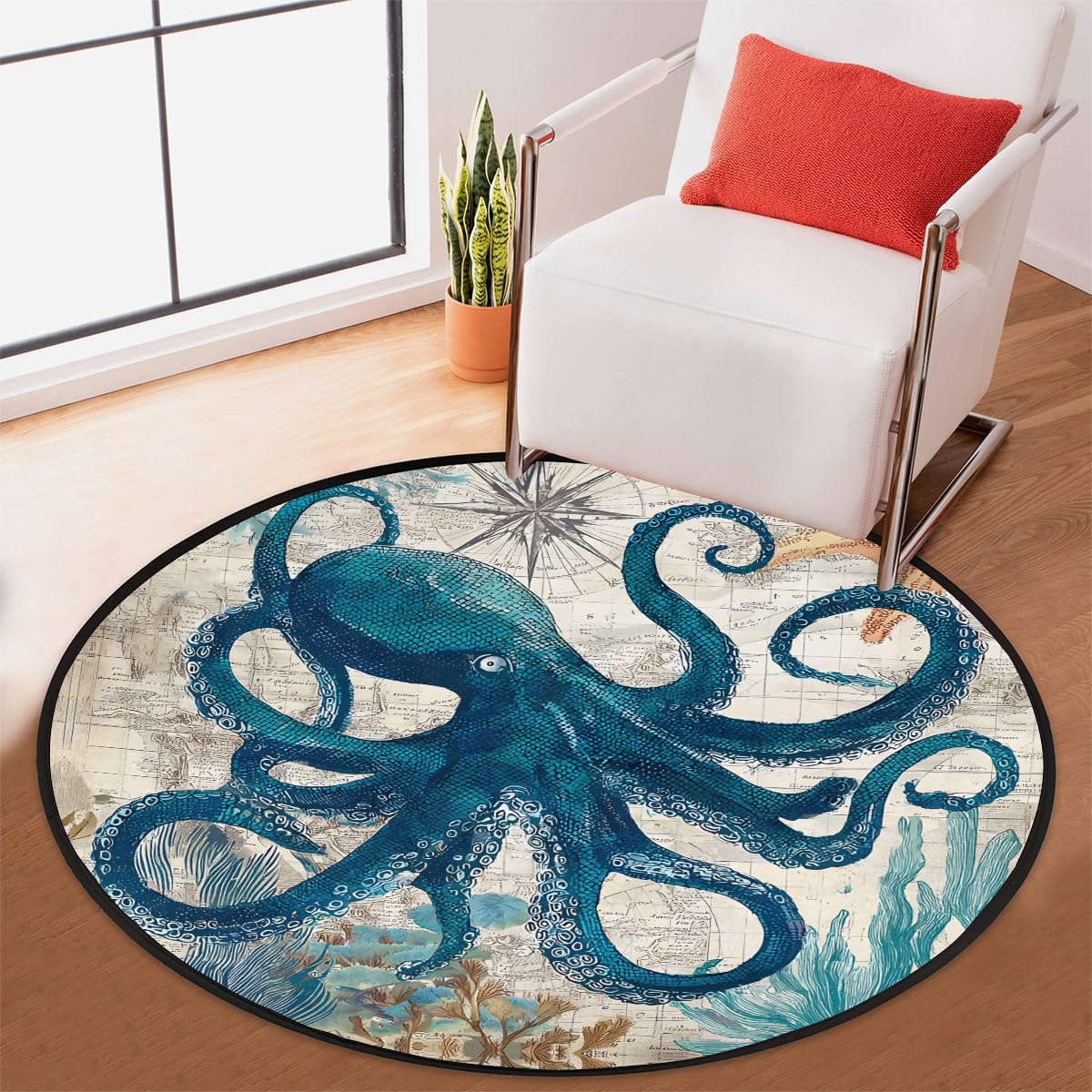 3 Ft Octopus Sea Round Rug Circle Area Rugs Circular Door Mat for Indoor (A:a-6 / 3'3" (Round))
