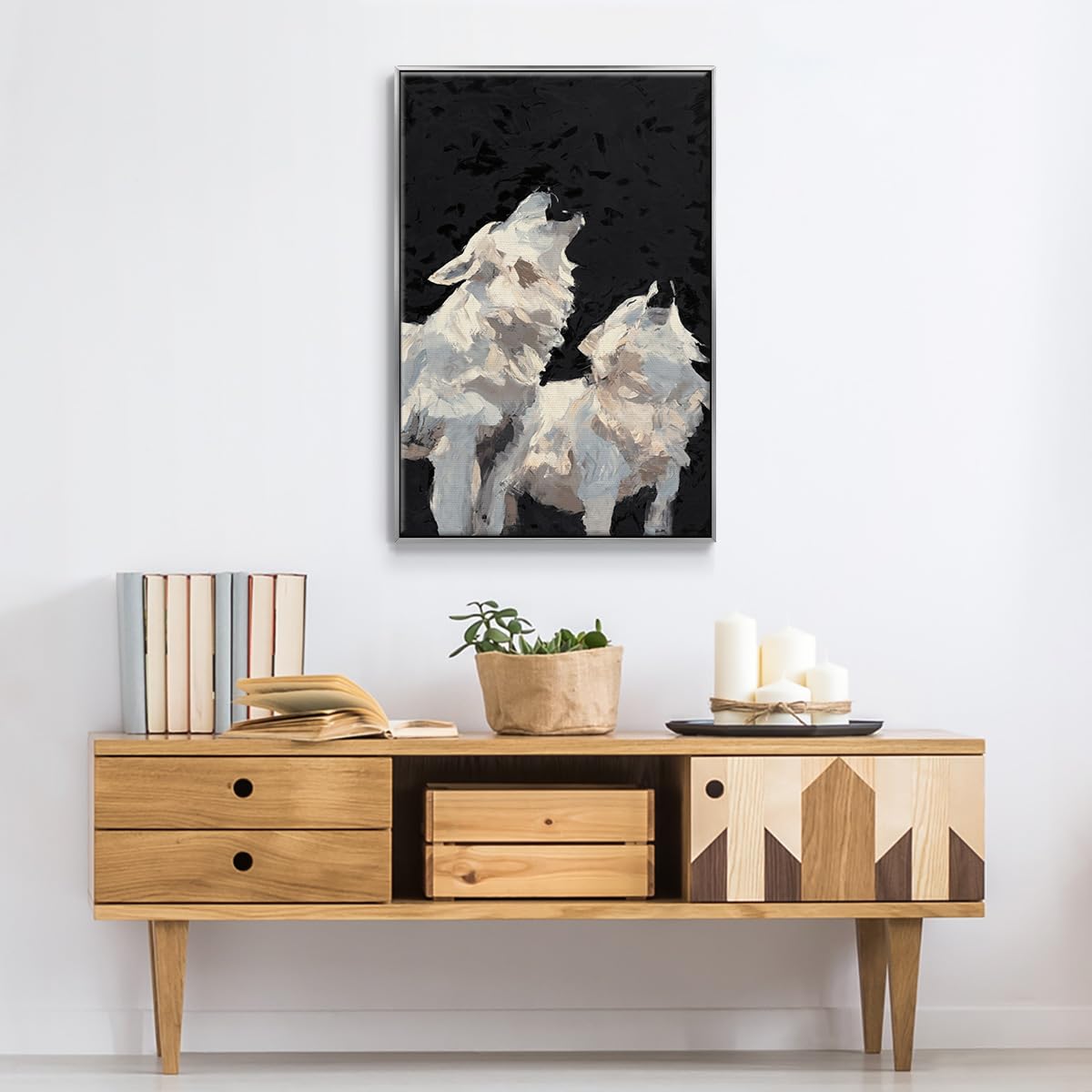Animals Wall Art Silver Floater Frame Home Decor White Midnight Wolves Howling Abstract Modern Hanging Paintings for Living Room Kitchen Office (37"L x 25"W / Midnight Wolves I)