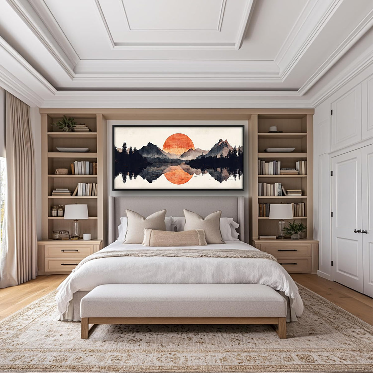 Large Forest Mountains Reflection Framed Wall Art for Living Room (60"L x 30"W / Watercolor Reflection)