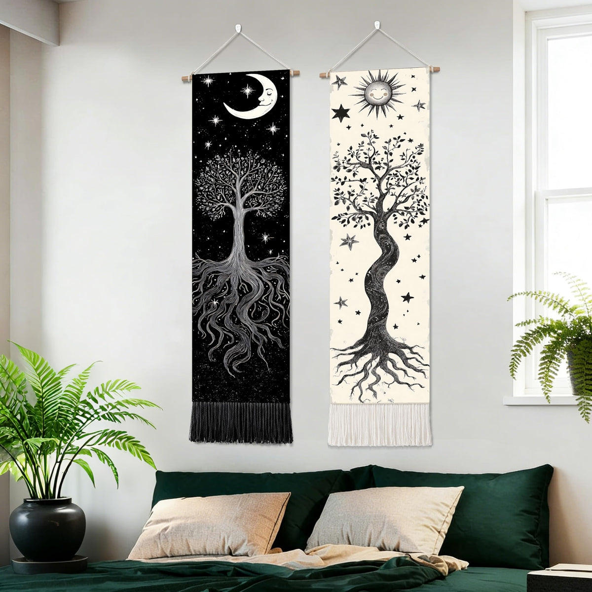 2 Pack Long Vertical Wall Tapestry (Night Forest Moon / 13"Wx51"H)