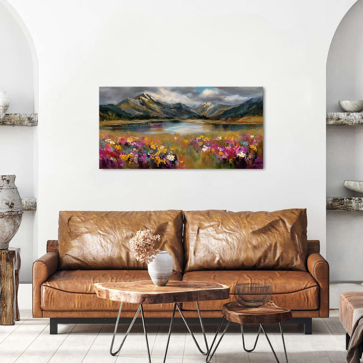 Abstract Wall Art Nature Mountain Flower Landscape Picture for Living Room Colorful Floral Field Painting Canvas Prints Watercolor Lake Meadow Scenery Poster Artwork Bedroom Home Decorations 20x40" (40"L x 20"W / Mountain Floral)