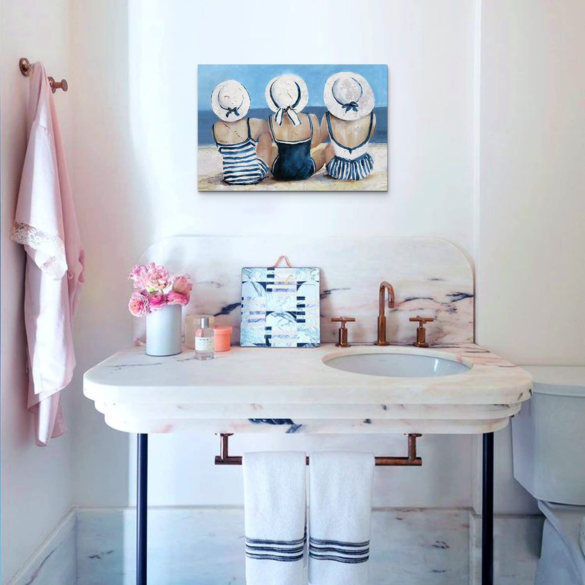 Beach Girls Wall Art Coastal Room Wall Decor Vintage Ocean Landscape Picture Nautical Bathroom Canvas Prints 16x24” (24"L x 16"W / Beach Girls)