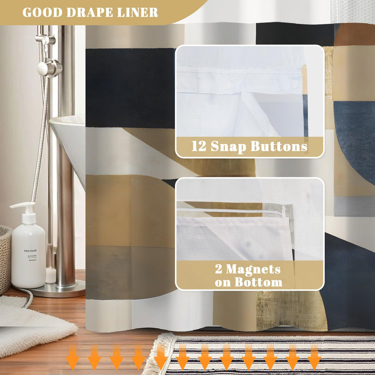 No Hook Shower Curtain with Snap in Liner (Abstract Geometric-b)
