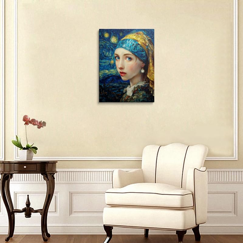 Van Gogh Starry Night Girl with Pearl Earring Canvas Wall Art Framed Painting Masterpiece Fusion Portrait Blue Gold Turban Swirling Background Wall Decor Artwork for Living Room Study 12x16 Inches (Starry Night Girl / 16"L x 12"W)