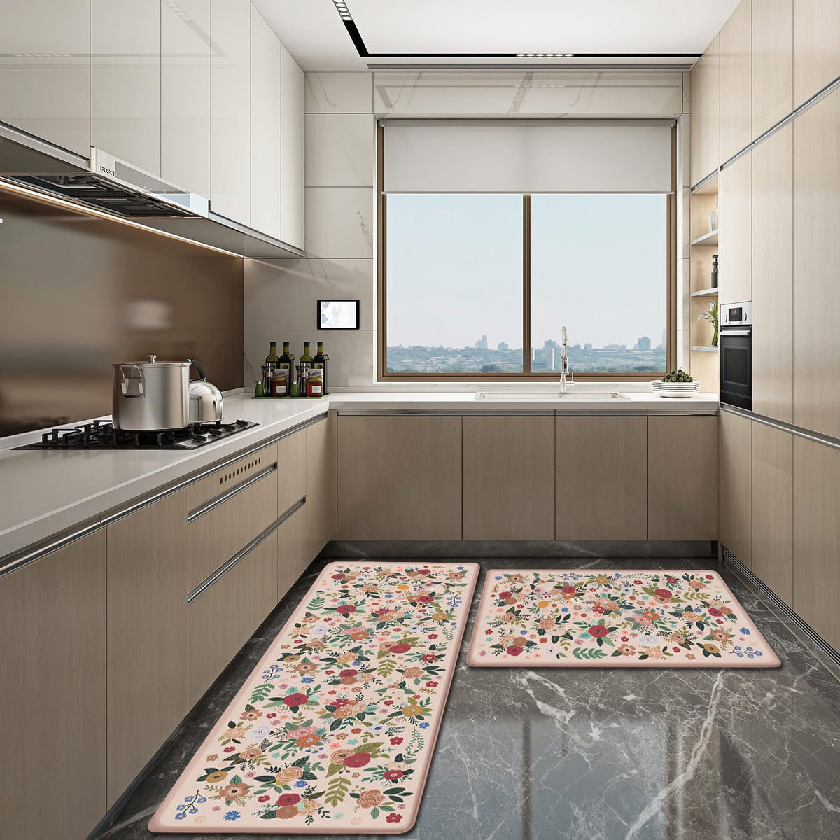 Anti Fatigue Boho Kitchen Rugs Set of 2 (Floral-pink)