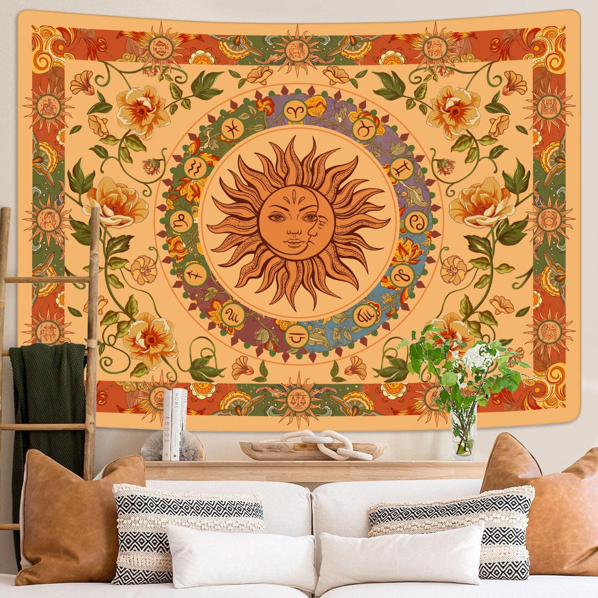 Vintage Sun Tapestry for Classroom Rainbow Boho 70s Sunshine Sunset Tapestries Wall Hanging Aesthetic Retro Tapestrys for Living Room Dorm (Orange / 60"L x 50"W)