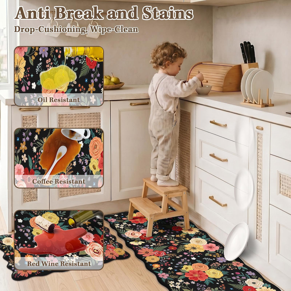 Anti Fatigue Kitchen Mats Set of 2 (Dark Floral / 17.3''x29.9''+17.3''x47'')