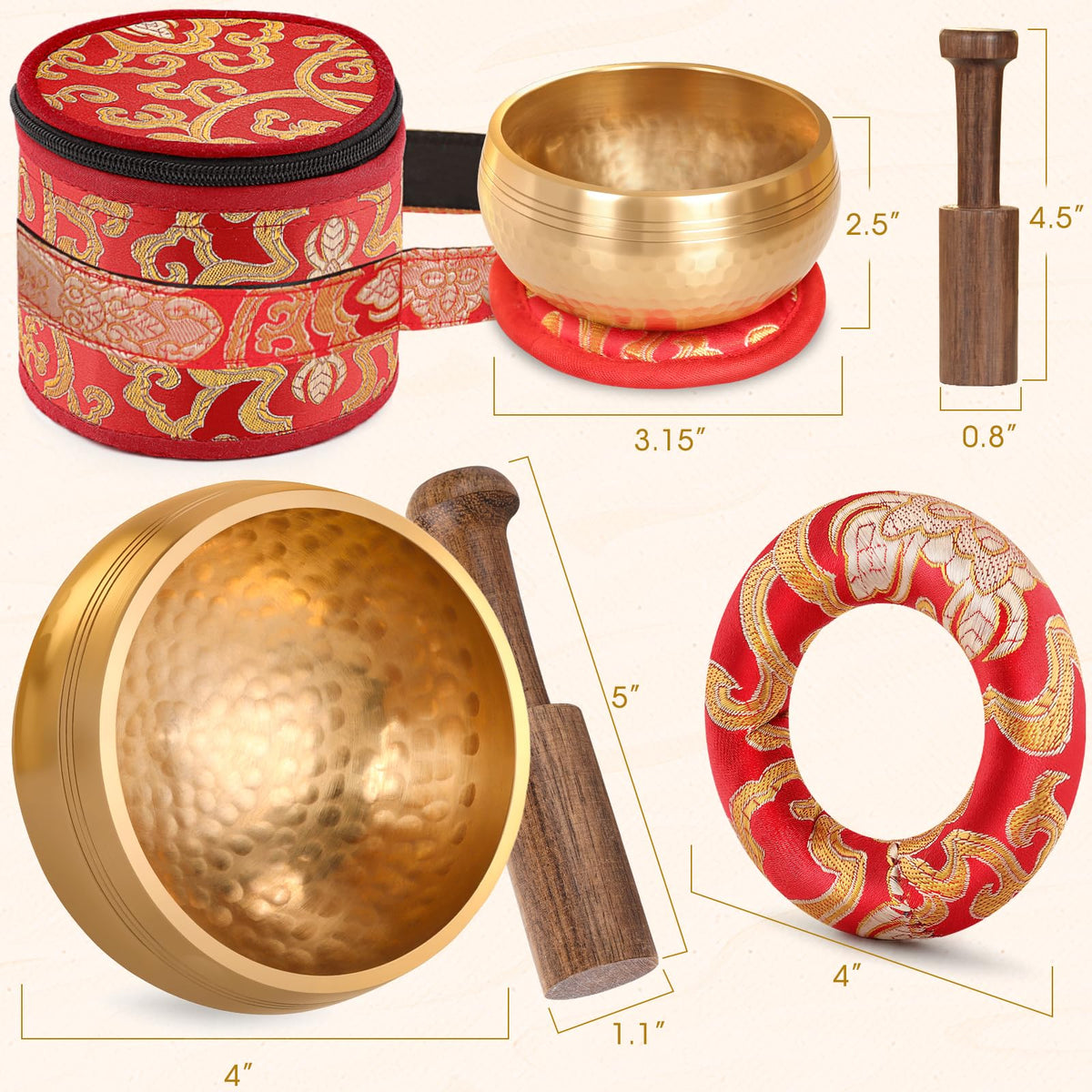 2 Pack Tibetan Singing Bowls Set (Red / 3.15 + 4 inch)