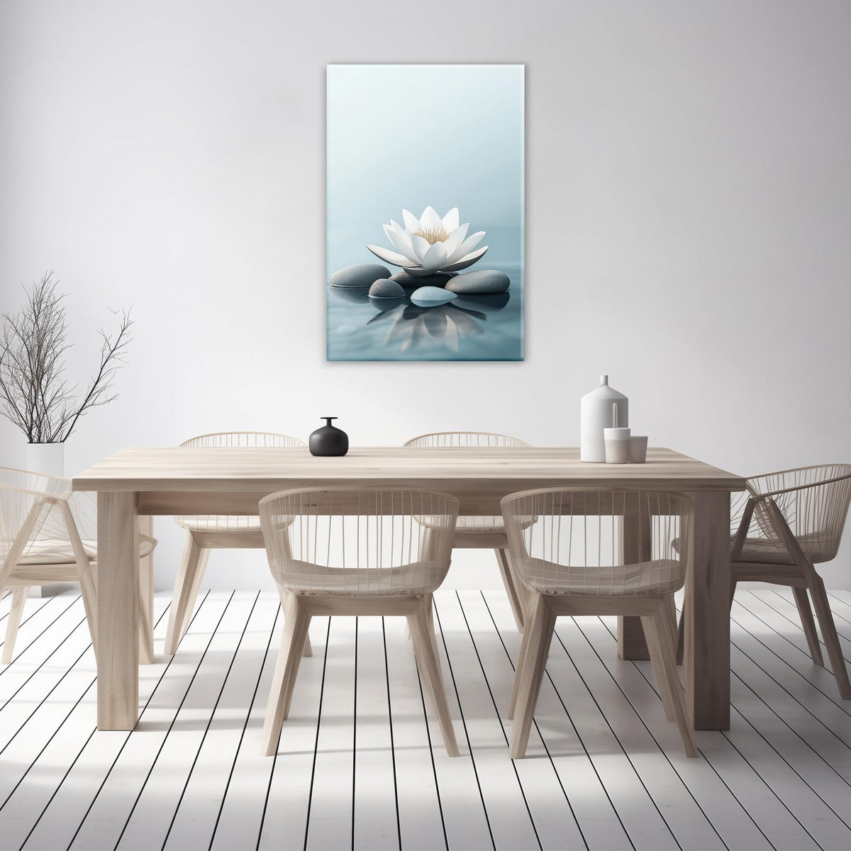 White Lotus Canvas Wall Art Spa Stone Picture Print Lotus In Water Poster Blue Zen Tranquility And Relaxation Painting Framed Artwork Ready To Hang (Artwork-3 / 42"L x 28"W)