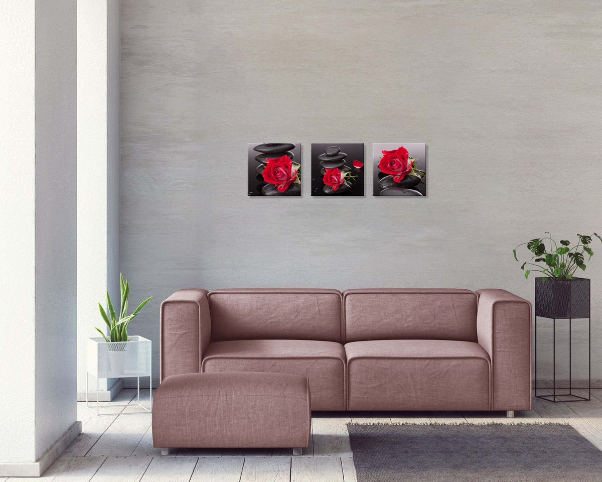 Red Canvas Wall Art Bedroom Wall Decor Black and White Zen Stones Spa Wall Art Rose Pictures for Living Room Kitchen Home Decorations Red Bathroom Accessories Flower Paintings Room Artwork (16 x 16 inches (3-Piece Set) / Rose & Zen Stone)