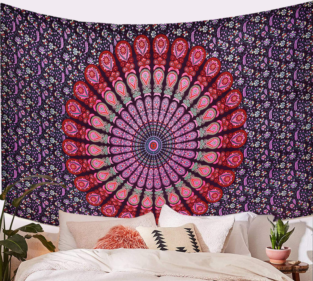 Indian hippie Bohemian Psychedelic Mandala Wall Hanging Peacock Tapestry (Pink Purple / 40"L x 30"W)
