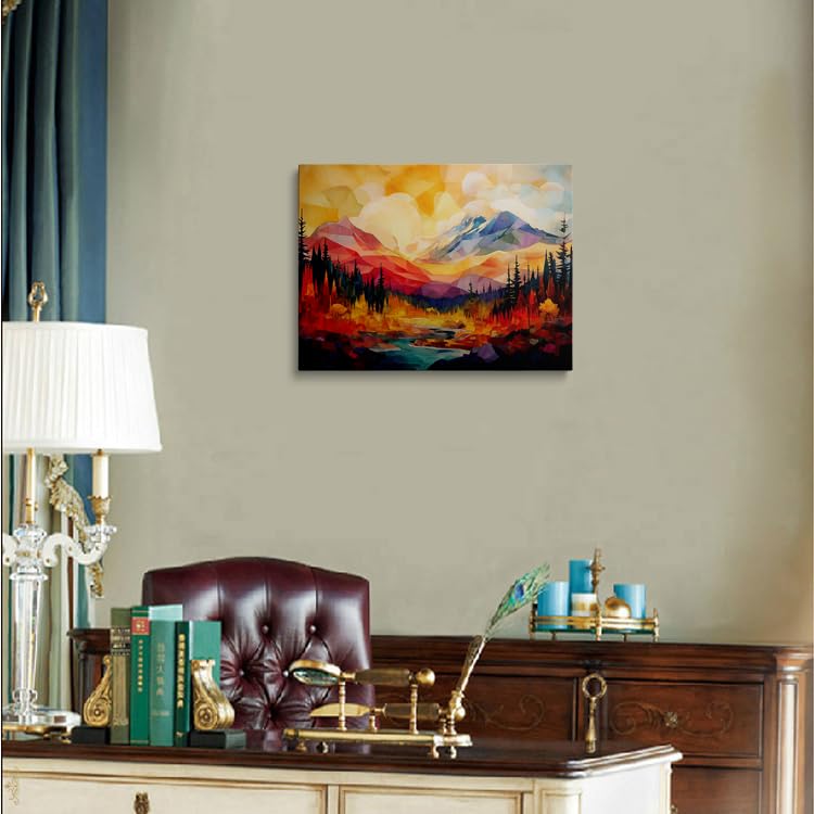 Abstract Mountain Sunset Canvas Wall Art Framed Print Color Block Painting Geometric Peaks with Forest River in Vibrant Warm Cool Tones Modern Nature Wall Decor Artwork 16x24 Inches (Red Mountain Scenery / 24"L x 16"W)