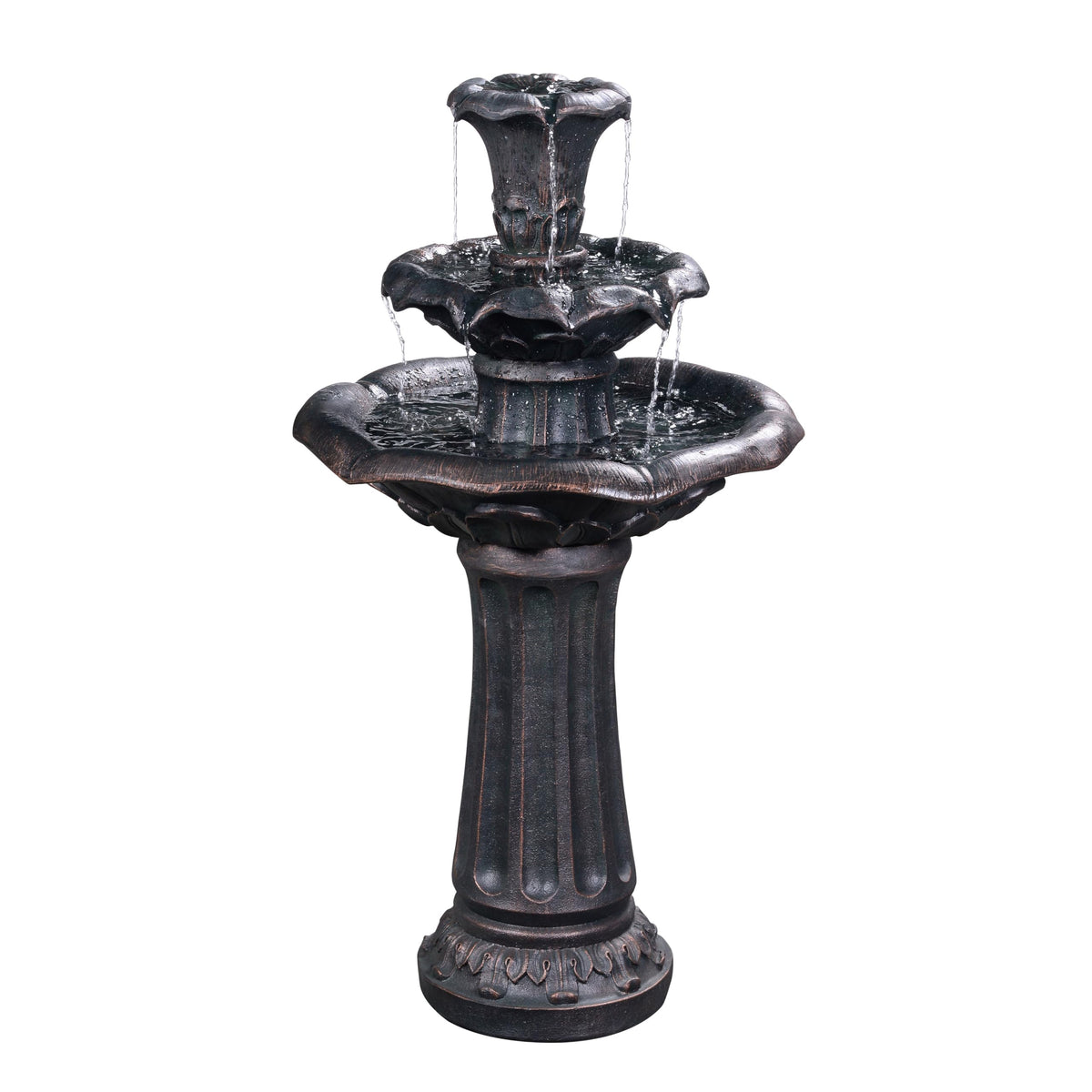 Lily Flower Floor Pedestal 3 Tiered Floor Waterfall Fountain with Pump for Outdoor Patio Garden Backyard Decking (38")