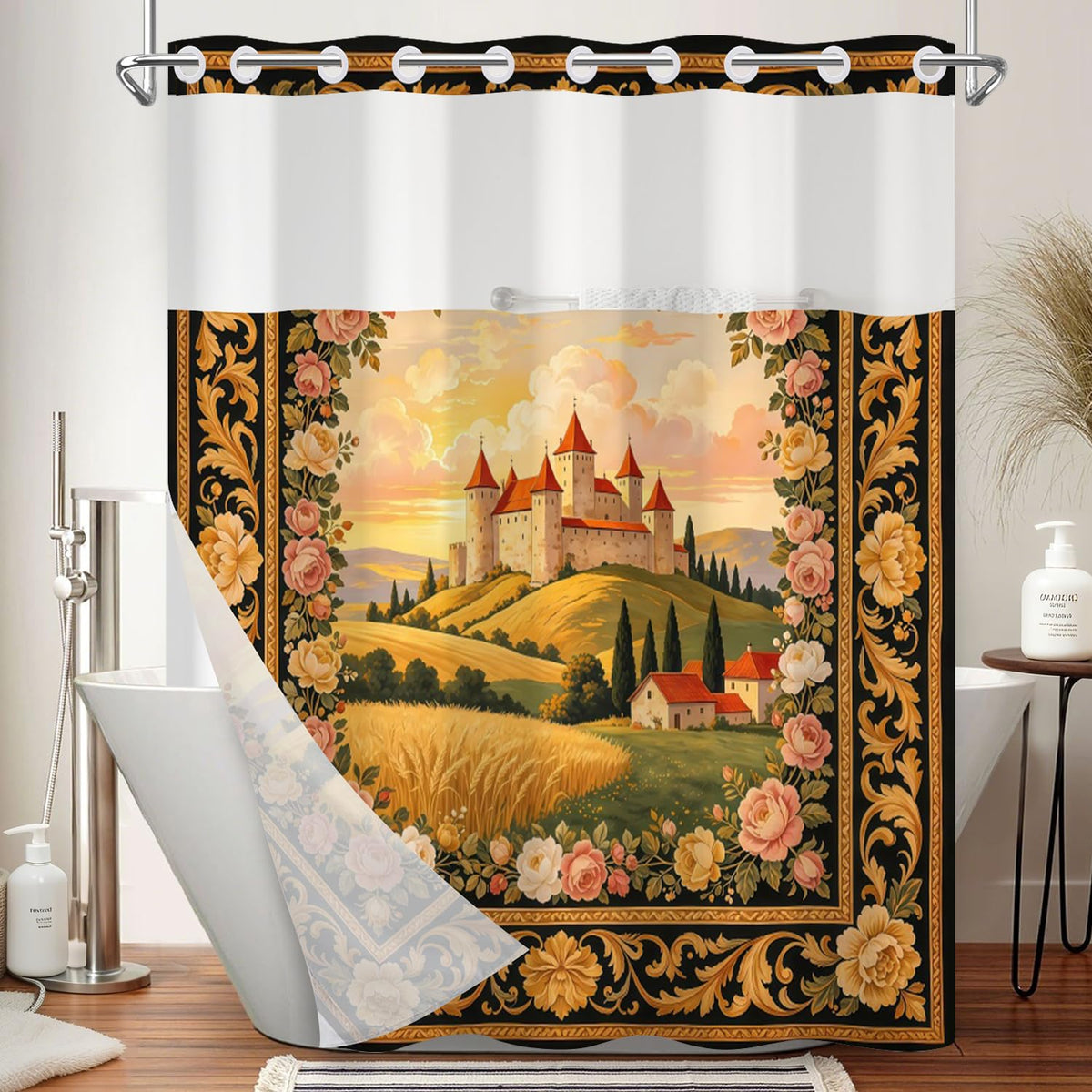 Castle Landscape Print Shower Curtain with Snap in Removable Liner (Castle)
