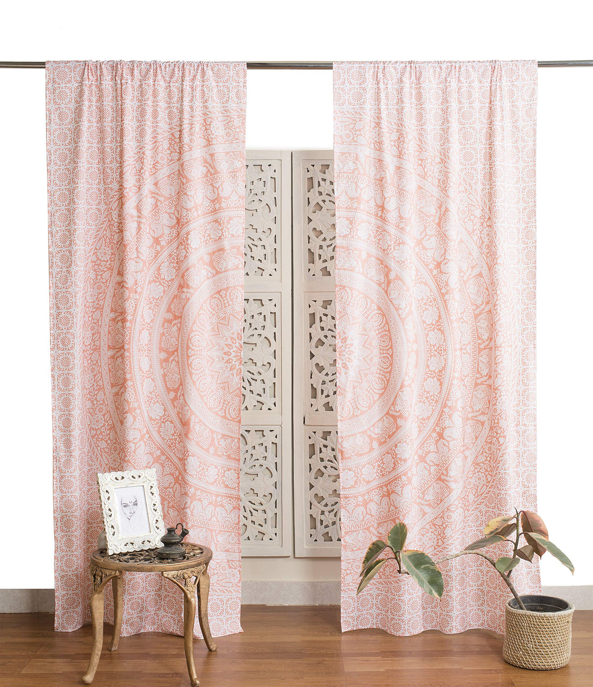 Indian Hippie Bohemian Beautiful Elephant Mandala Curtain Panels Rose Gold (25"W x 74"L (Pack of 2) / Rose Gold)