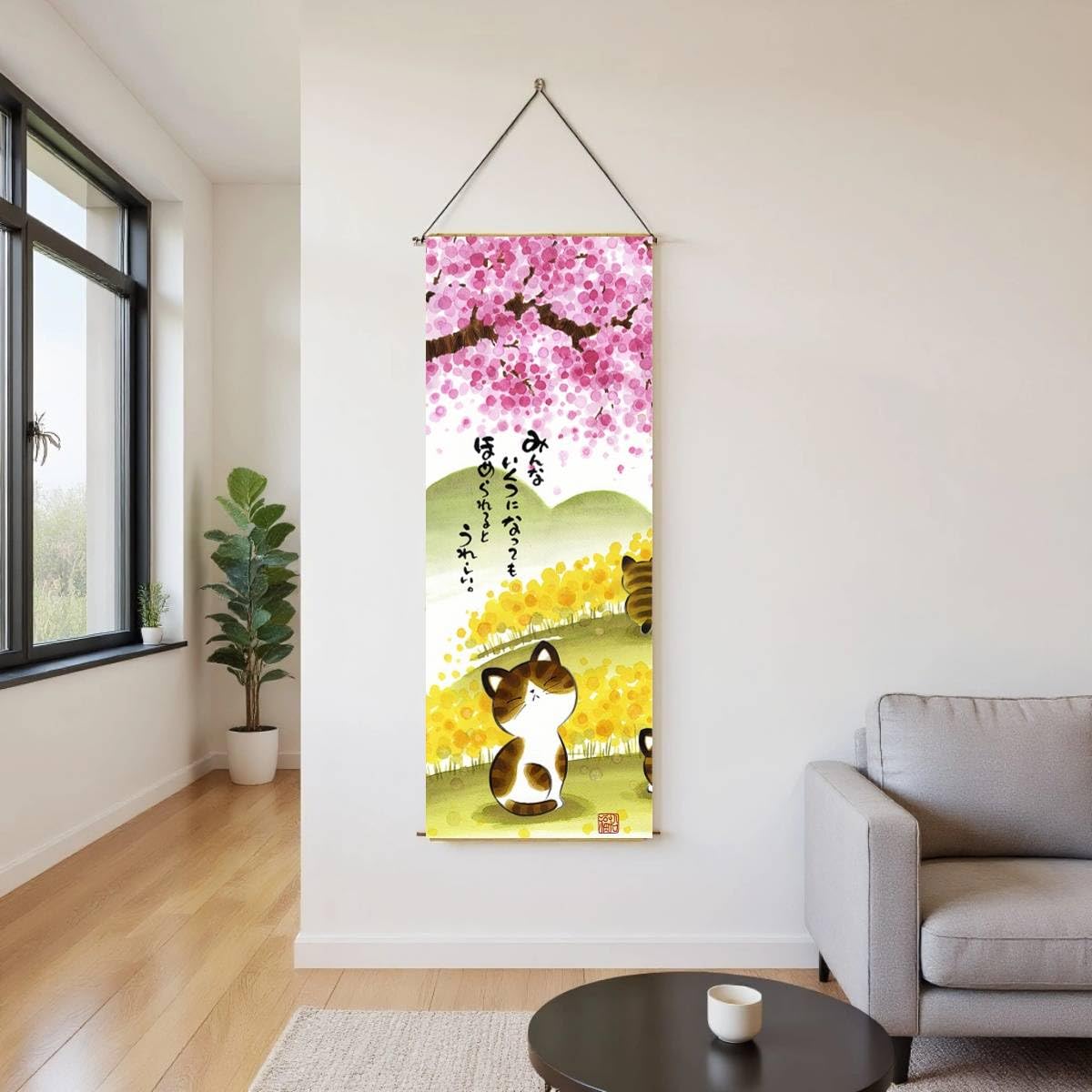 Japanese Scroll Wall Art Decorations Thin Tapestry Asian Room Decort Hanging Scroll for Living Room (Sakura and Cat)