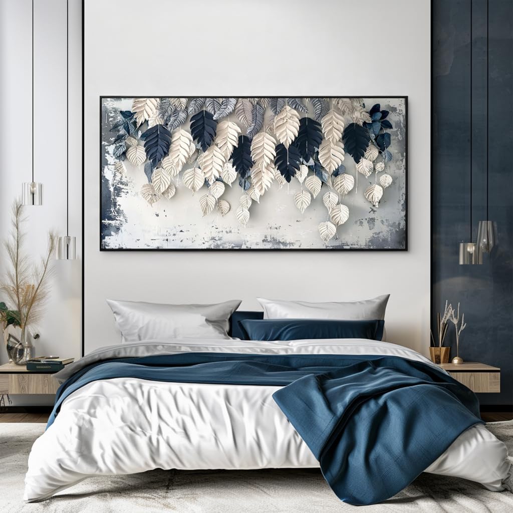 Botanical Leaf Wall Art White Blue Modern Framed Canvas Decor 30"x60" (58"L x 29"W / Leaf 01)