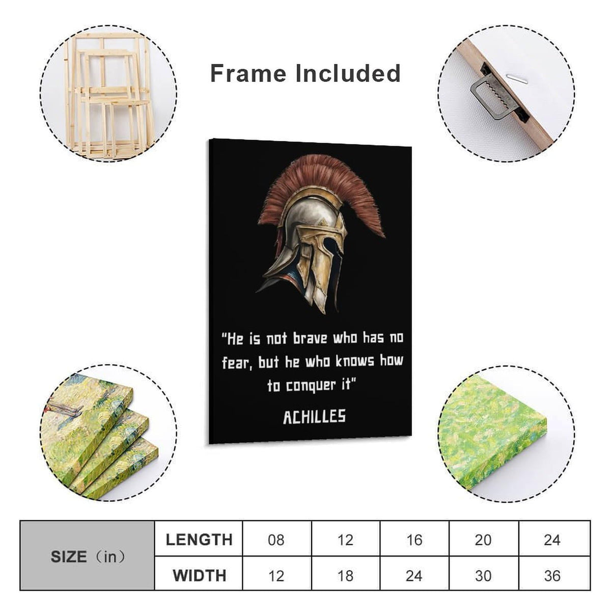 Achilles Brave Conquer Fear Motivational Quote Canvas Printing Wall Art Prints Wall Decor Posters Greek Warrior Helmet Minimalist Black Living Room Bedroom Office Gym 20x30inch (style-45 / 20x30inch(50x75cm) Frame)