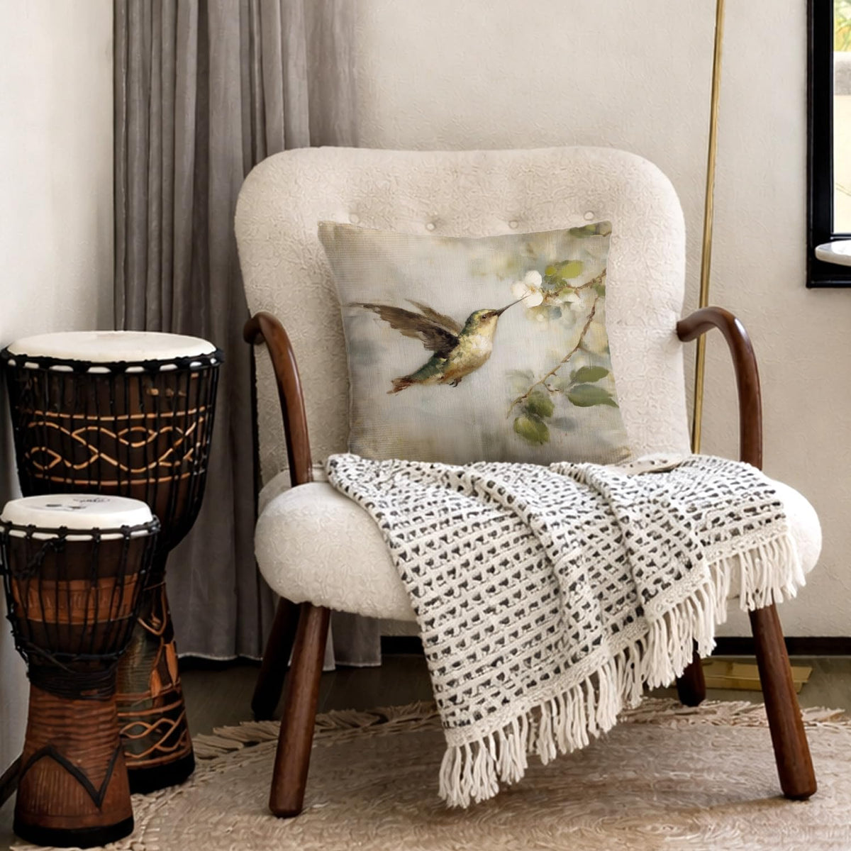Vintage Floral Hummingbird Pillow Cover 18x18 (White-bird 6)