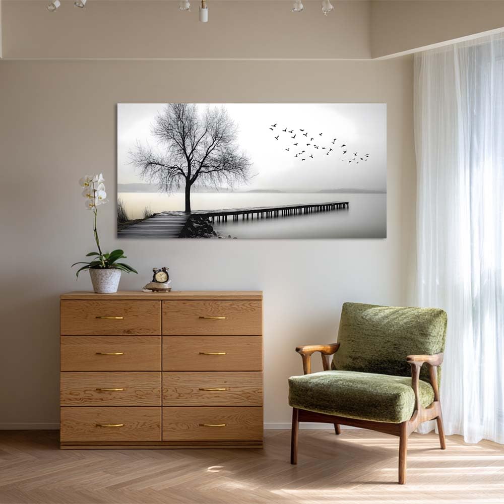 Black and White Lake Pier Canvas Wall Art Bare Tree Flying Birds Minimalist Landscape Painting Flat Print Gallery Wrapped Artwork for Living Room Bedroom Bathroom Decor (Mysterious / Black Lake Pier 6 / 58"L x 28"W)