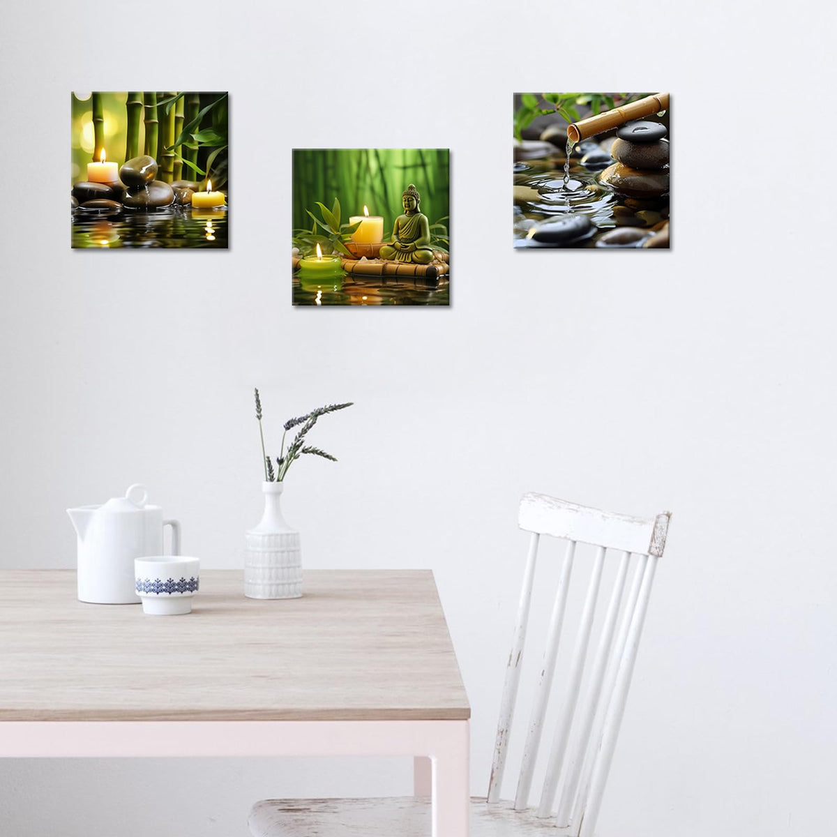 Set of 3 Zen Canvas Wall Art Spa Stone Green Bamboo Zen Candles Buddha Pictures Relaxing Wall Art for Office Bedroom Living Room Decor Ready to Hang (Zen 04 / 24"L x 24"W)