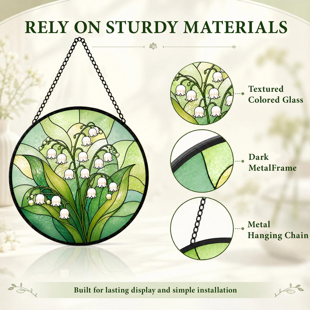 Lily of the Valley Gifts for Women Suncatcher Stained Glass Window Hanging (Lily of the Valley / 7.8 x 7.8 IN)