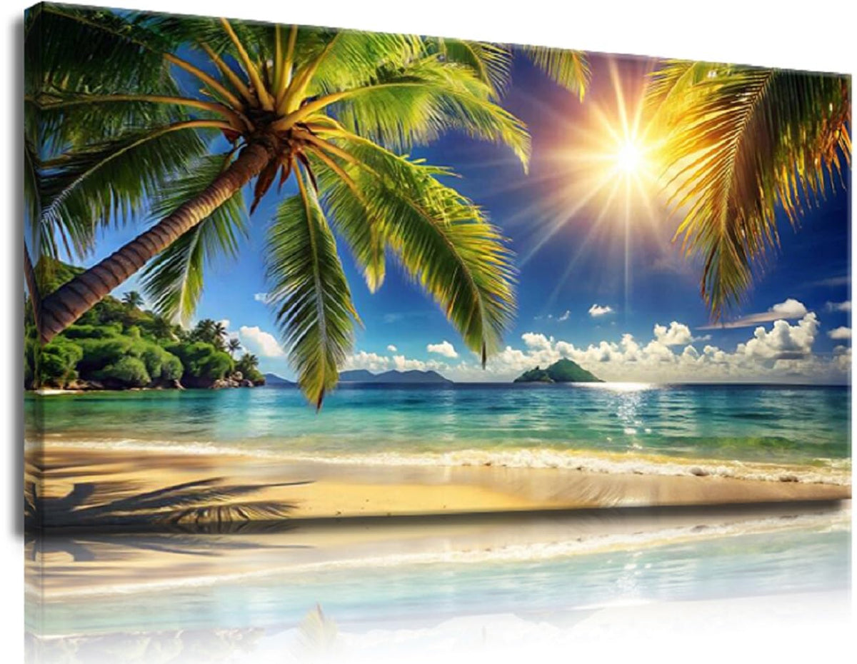Bedroom Wall Art Coastal Painting Tropical Beach Pictures for Living Room Summer Ocean Wall Decor Palm Tree Canvas Print Sunrise Sunlight Scenery Poster Office Artwork Home Decorations (AbePal / 48"L x 24"W)