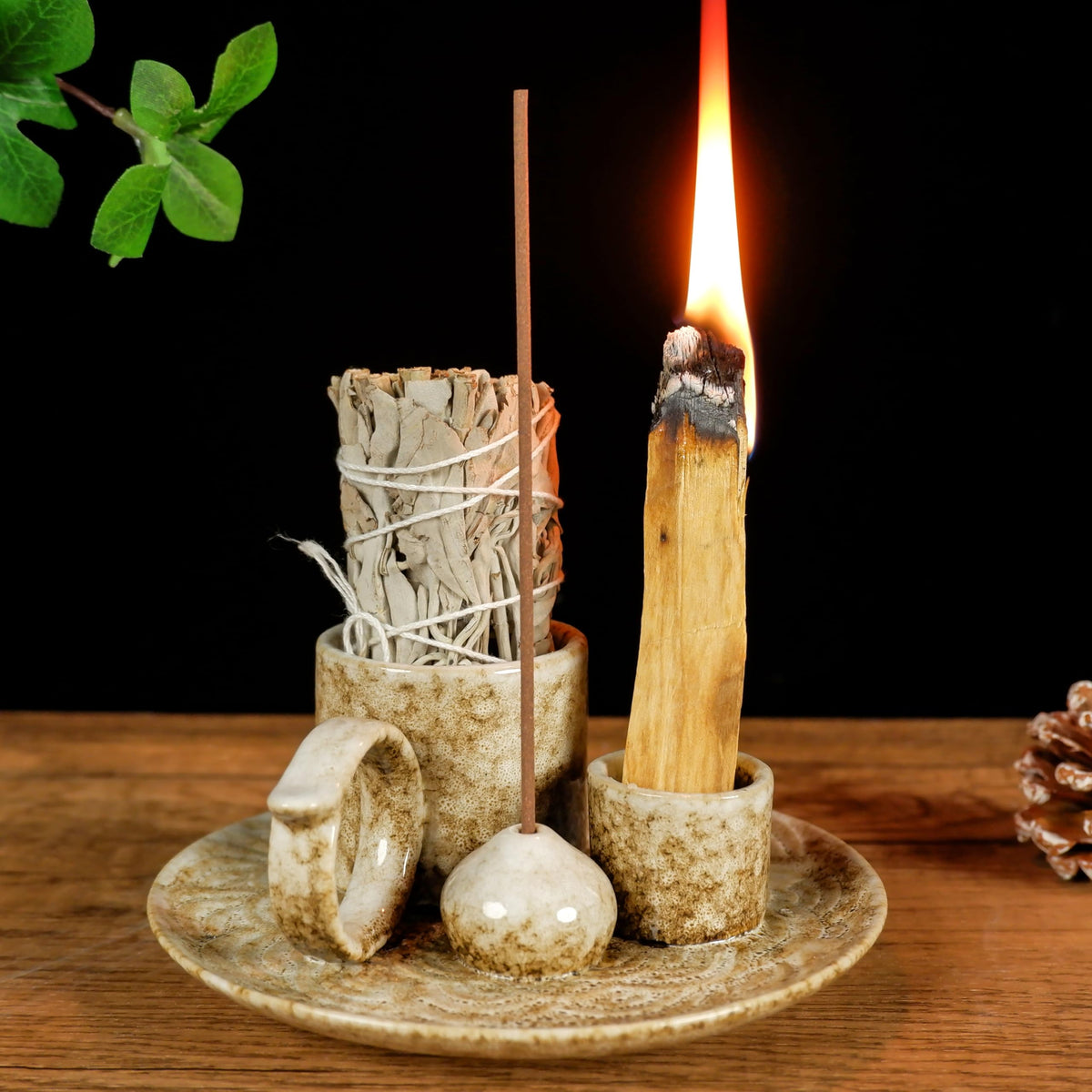 5 in 1 Ceramic Tabletop Incense Burner Holder for Palo Santo (Brown)