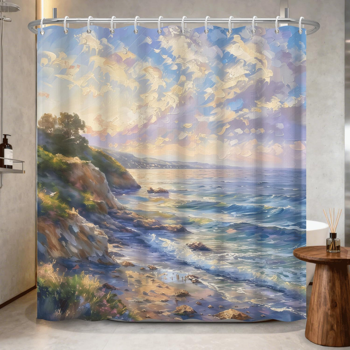 Coastal Beach Watercolor Shower Curtain with Hooks (Sea View)